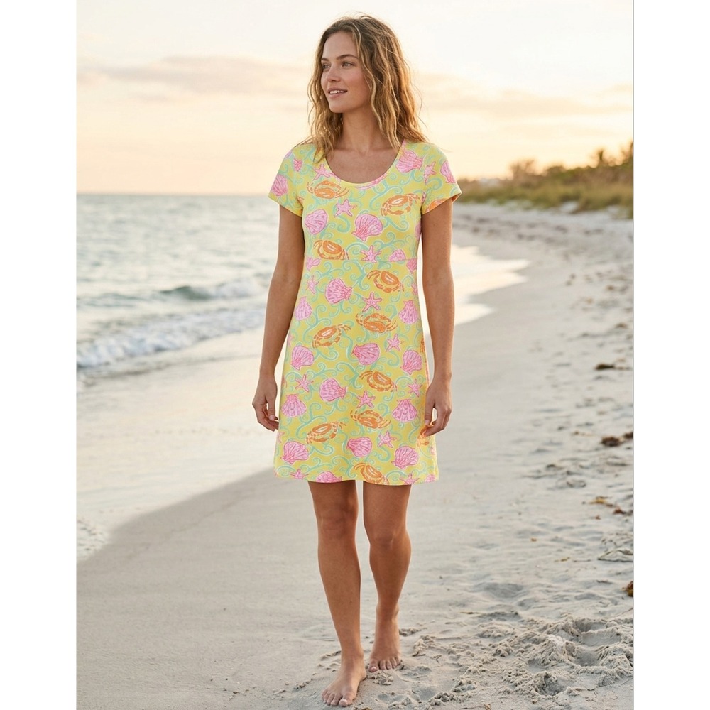 Lilly Pulitzer Beach Motif T-Shirt Dress Womens Small Yellow Vintage 2000s Prep